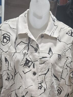 Women’s Off White Jean Style Jacket With Black Abstract Rose Print, XL